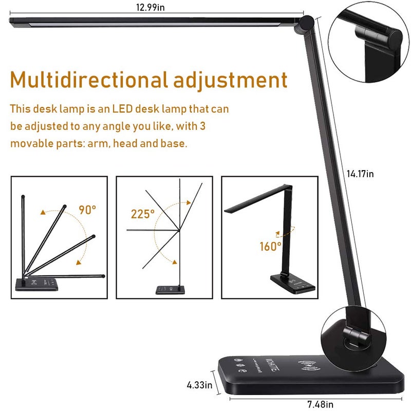 MCHATTE LED Desk Lamp with Wireless Charger, USB Charging Port, Dimmable Eye-Caring Desk Light with 5 Brightness Levels & 5 Lighting Modes, Touch Control, Auto Timer (Black) - Image 2